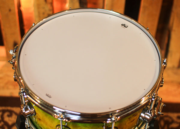 DW 6.5x14 Collector's Jazz Maple Gum Amber to Emerald Green Burst over Mapa Burl Snare Drum - SO#1448321