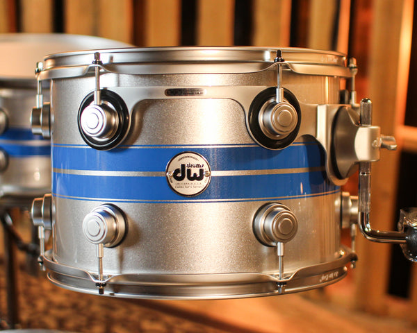 DW Collector's Maple SSC Silver Metallic w/ Honolulu Blue Rally Stripe Drum Set - 24,13,16,14sn - SO#1414967