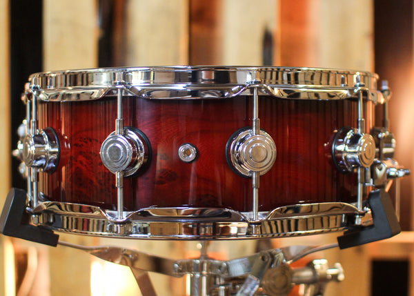 DW 5x14 Collector's SonicPly Red to Black Burst over Elm Burl Snare Drum - SO#1448320