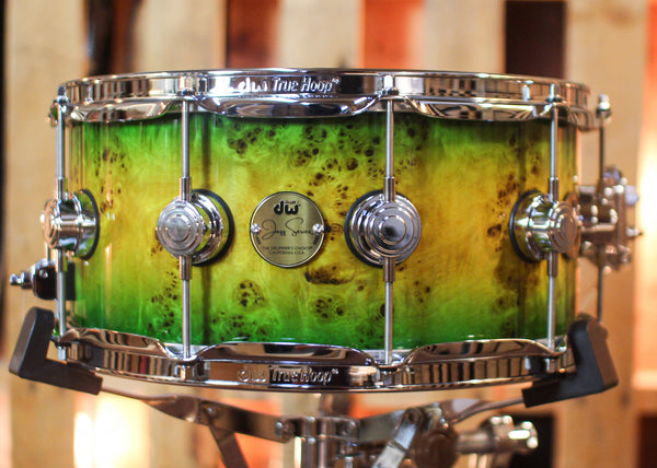 DW 6.5x14 Collector's Jazz Maple Gum Amber to Emerald Green Burst over Mapa Burl Snare Drum - SO#1448321