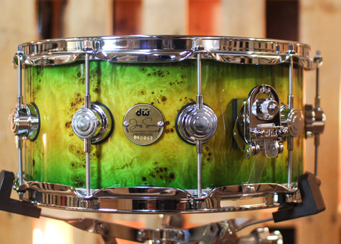 DW 6.5x14 Collector's Jazz Maple Gum Amber to Emerald Green Burst over Mapa Burl Snare Drum - SO#1448321