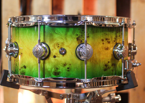 DW 6.5x14 Collector's Jazz Maple Gum Amber to Emerald Green Burst over Mapa Burl Snare Drum - SO#1448321