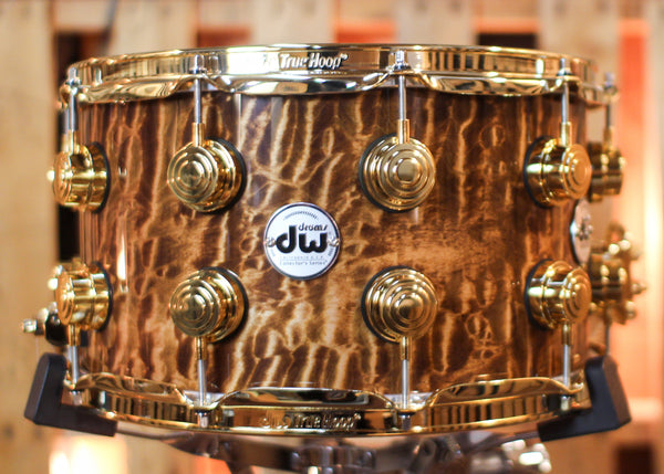 DW 8x14 Collector's Mahogany Spruce Light Walnut Stain over Super Quilted Maple Snare Drum - SO#1424835