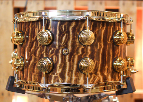 DW 8x14 Collector's Mahogany Spruce Light Walnut Stain over Super Quilted Maple Snare Drum - SO#1424835