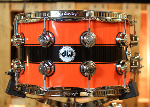 DW 8x14 Collector's Maple Mahogany Hugger Orange w/ Piano Black Rally Stripe Snare Drum - SO#1416894
