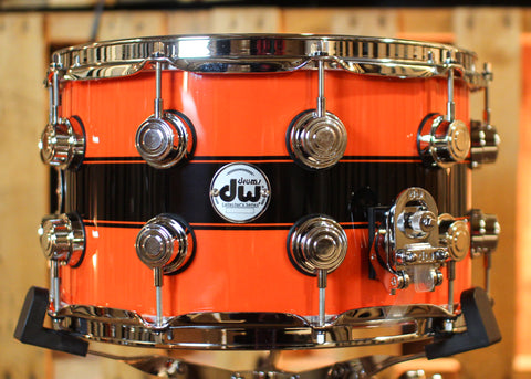 DW 8x14 Collector's Maple Mahogany Hugger Orange w/ Piano Black Rally Stripe Snare Drum - SO#1416894