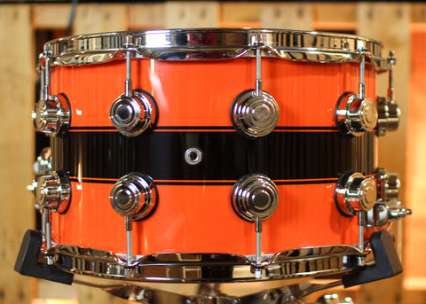 DW 8x14 Collector's Maple Mahogany Hugger Orange w/ Piano Black Rally Stripe Snare Drum - SO#1416894