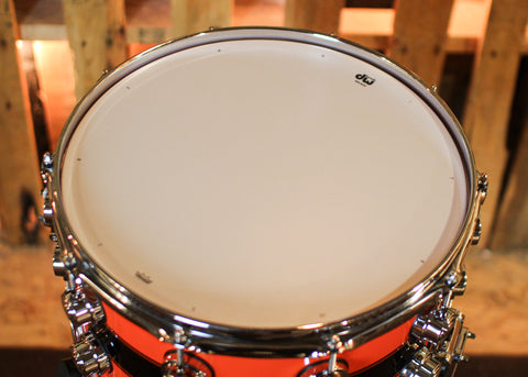 DW 8x14 Collector's Maple Mahogany Hugger Orange w/ Piano Black Rally Stripe Snare Drum - SO#1416894