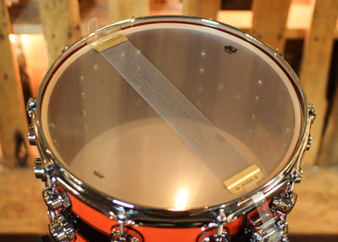 DW 8x14 Collector's Maple Mahogany Hugger Orange w/ Piano Black Rally Stripe Snare Drum - SO#1416894