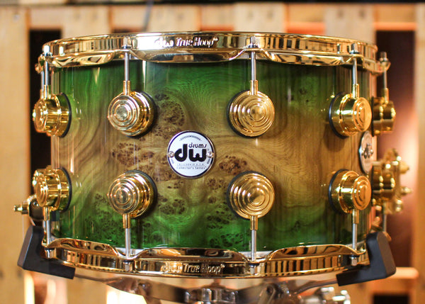 DW 8x14 Collector's Maple/Spruce Emerald Green Burst over Elm Burl Snare Drum - SO#1424837
