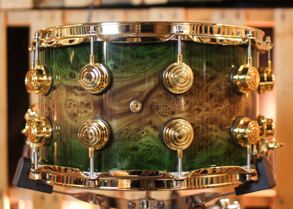DW 8x14 Collector's Maple/Spruce Emerald Green Burst over Elm Burl Snare Drum - SO#1424837