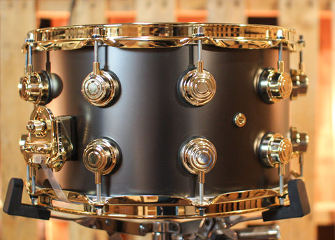 DW 8x14 Collector's Satin Black over Brass Snare Drum w/ Gold Hardware - DRVD0814SVGBK