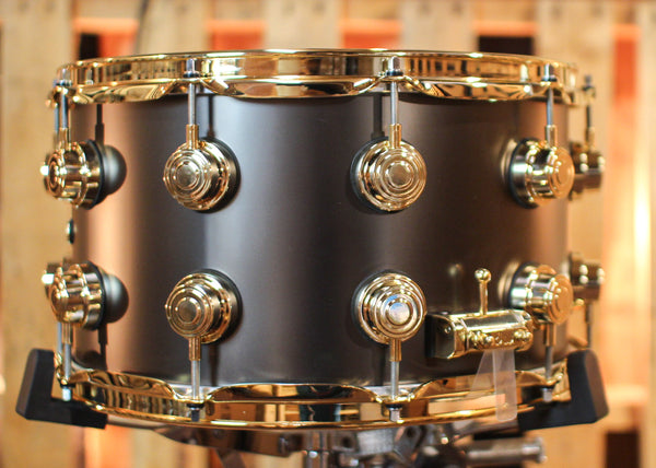 DW 8x14 Collector's Satin Black over Brass Snare Drum w/ Gold Hardware - DRVD0814SVGBK