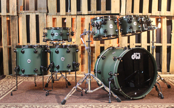 DW Collector's Cherry Mahogany Army Green Hard Satin Drum Set - 22,8,10,12,14,16,14sn - SO#1302118