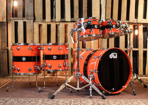 DW Collector's Maple Mahogany Hugger Orange w/ Black Rally Stripe Drum Set - 22,8,10,12,14,16 - SO#1416894