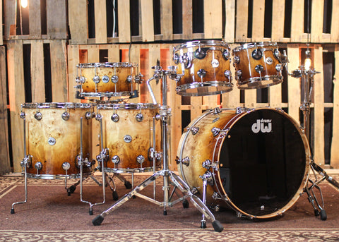 DW Collector's Maple Mahogany Burnt Toast Fade over Mapa Burl Drum Set - 22,10,12,14,16,14sn - SO#1291941