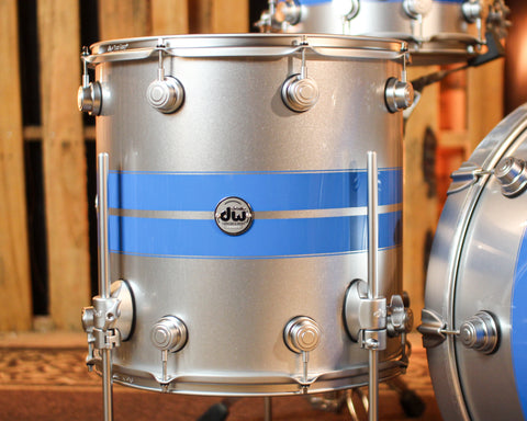 DW Collector's Maple SSC Silver Metallic w/ Honolulu Blue Rally Stripe Drum Set - 24,13,16,14sn - SO#1414967