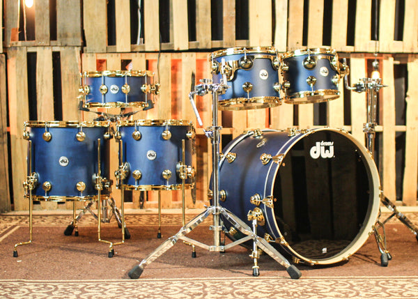 DW Collector's Maple/Mahogany Regal Blue Satin Oil Drum Set - 22,10,12,14,16,14sn - SO#1310429