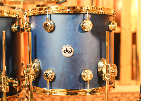 DW Collector's Maple/Mahogany Regal Blue Satin Oil Drum Set - 22,10,12,14,16,14sn - SO#1310429